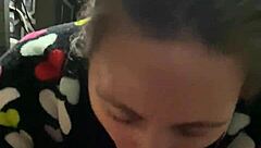 Pov close-up as she kneels sucking that monster cock deep, licking balls before swallowing a massive mouthful cumshot on desk.