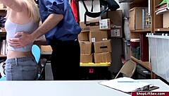 busty babe chokes on older cop's cock in ripped uniform office