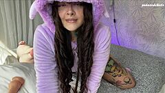 Split tongue girl pees during intense anal toy fuck