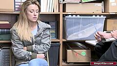 busty babe chokes on older cop's cock in ripped uniform office