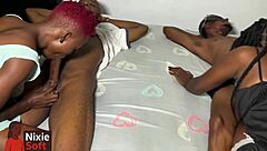 Foursome Orgy Blowjobs with Oiled Ebony Beauties