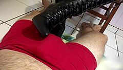 long leather boots lead to explosive footjob cumshot in pants
