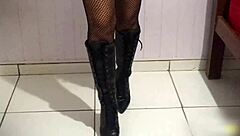 long leather boots lead to explosive footjob cumshot in pants