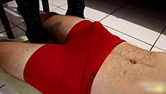 long leather boots lead to explosive footjob cumshot in pants