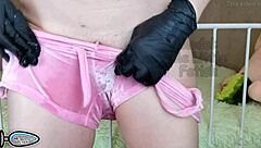 petite student pisses latex gloves buttplug ass masturbation