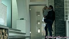 Euro beauty's trimmed pussy rides cock cowgirl with passion