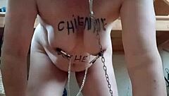 Female slave bound humiliated by maledom master in office with toys