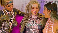 Three tattooed girls ravaged by two guys in wild orgy frenzy