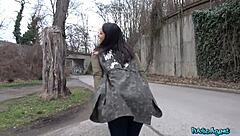 brunette babe cums hard on cock in public