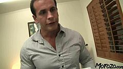 Brunette office slut SUCKS big cock through gloryhole roughly