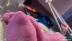 Goddess's Cute Feet Swing Teasingly In Sheer Pink Pantyhose Near Face!