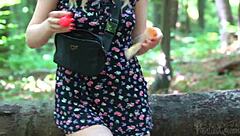 horny teen plugs ass flashes hairy pussy public park