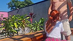 innocent redhead teen fucked outdoors in garden skirt up pov public