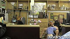 Rough european couple bangs hard bent over in shop