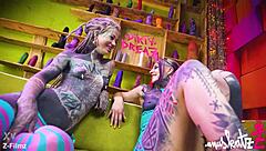 two tattooed lesbians gape asses with huge anal toys