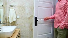 nurse caught stroking in toilet now milks my cock with gloved handjob and bent over doggystyle