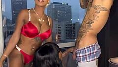Ebony goddess gives a deepthroat blowjob in doggystyle