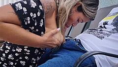 Amateur blonde gets breastfed and rides a stranger in public