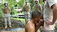 Gay military teen boy gets his first taste of naked men in the jungle