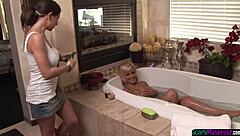 Lesbian babe enjoys close-up view of her asshole in the bathroom
