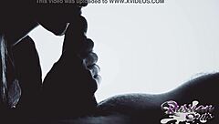 Sensual brunette gives an amazing blowjob with a double cumshot