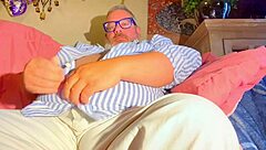 Old and fat daddy bear enjoys a naked display of his big ass