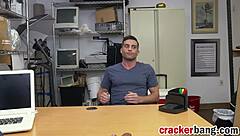 Gay office sex with a white guy taking on a big black dick