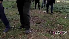 Mature blonde takes on multiple cocks in public