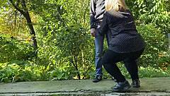 Chubby milf enjoys pissing and licking in public