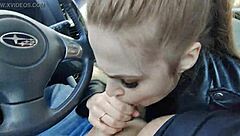Small tits blonde gives a cum-filled blowjob in the car
