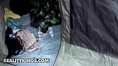 Two sluts Autumn Chanel and Jason pitch a tent in wild camping reality.