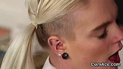 Slutty stunner receives handjob cumshot on face and swallows jizz