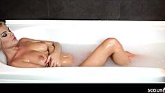 Delicate German Mouse Indulges with Dildo in Evening Dress