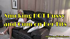 Blonde with piercing bends over for doggystyle, cum on tits