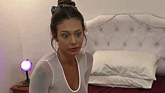 clothed latina gives handjob from behind, cums in underwear