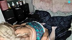 Wife plays with my cock and gives me a blowjob while dressed in teenage uniform