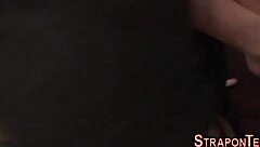 shackled slave squirting in intense bondage group play with toys and domination in bdsm lezdom session using dildo for pleasure