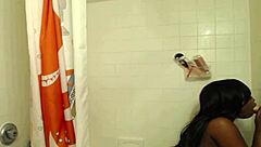 ebony girl in shower teases with big ass masturbation using dildo on webcam