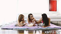 Nasty teen bitches suck and share one big cock in group.