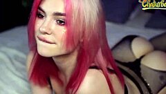 The adorable ahegao babe eagerly sucks her dildo in cute lingerie