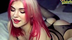 The adorable ahegao babe eagerly sucks her dildo in cute lingerie