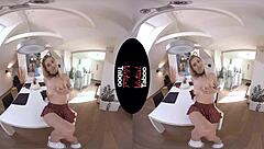virtual taboo scene where a blonde chick gets off under her skirt in pov