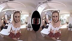 virtual taboo scene where a blonde chick gets off under her skirt in pov