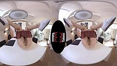 virtual taboo scene where a blonde chick gets off under her skirt in pov