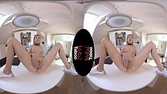 virtual taboo scene where a blonde chick gets off under her skirt in pov