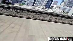 Raven Bay's amateur blowjob and big boobs on the roof