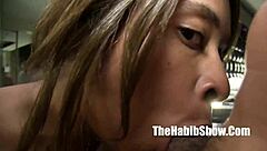 Petite 18+ ebony strips in hood photoshoot, clothes ripped by big black cock