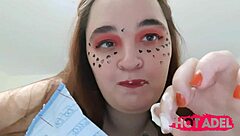 Chubby redhead teen enjoys ice cream with playful touches