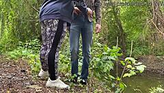 milf in leggings helps a stranger pee by the lake