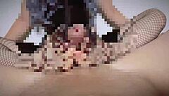 Wearing fishnet tights for a teasing footjob on big cock